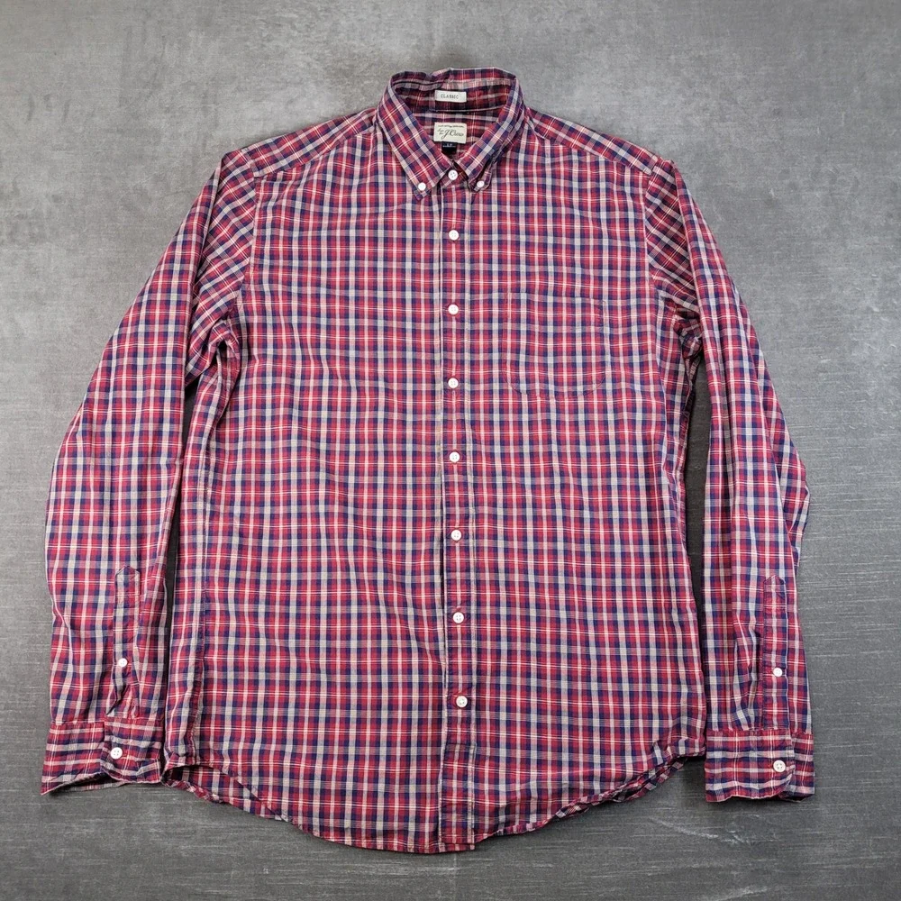 J. Crew Y2K Mens LT Large Tall Classic Fit Button Down Shirt Red Blue‎ Plaid